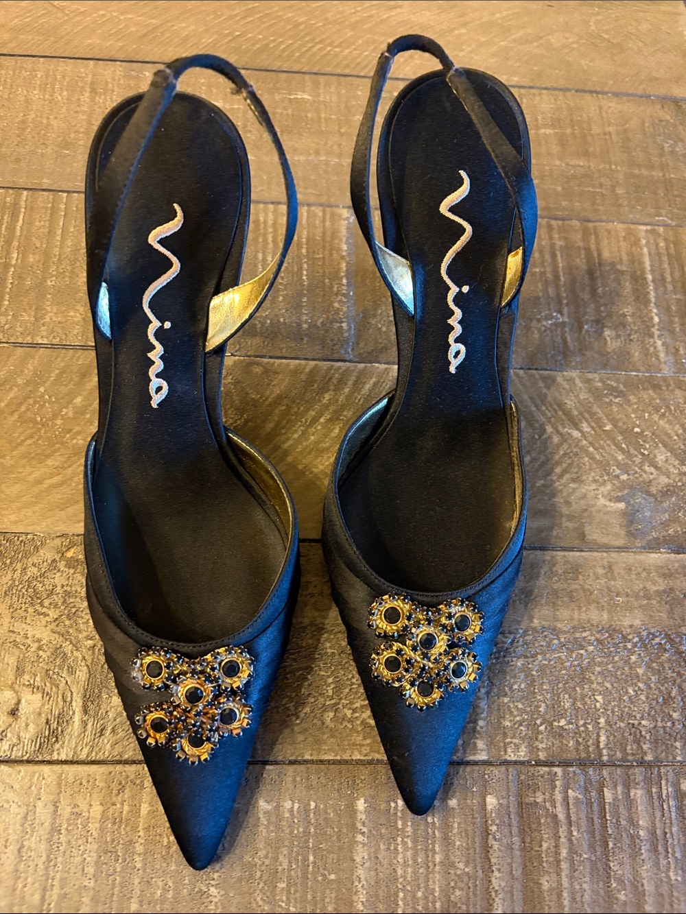 Nina Black Satin Pointed Slingback Heels with Gold Accents